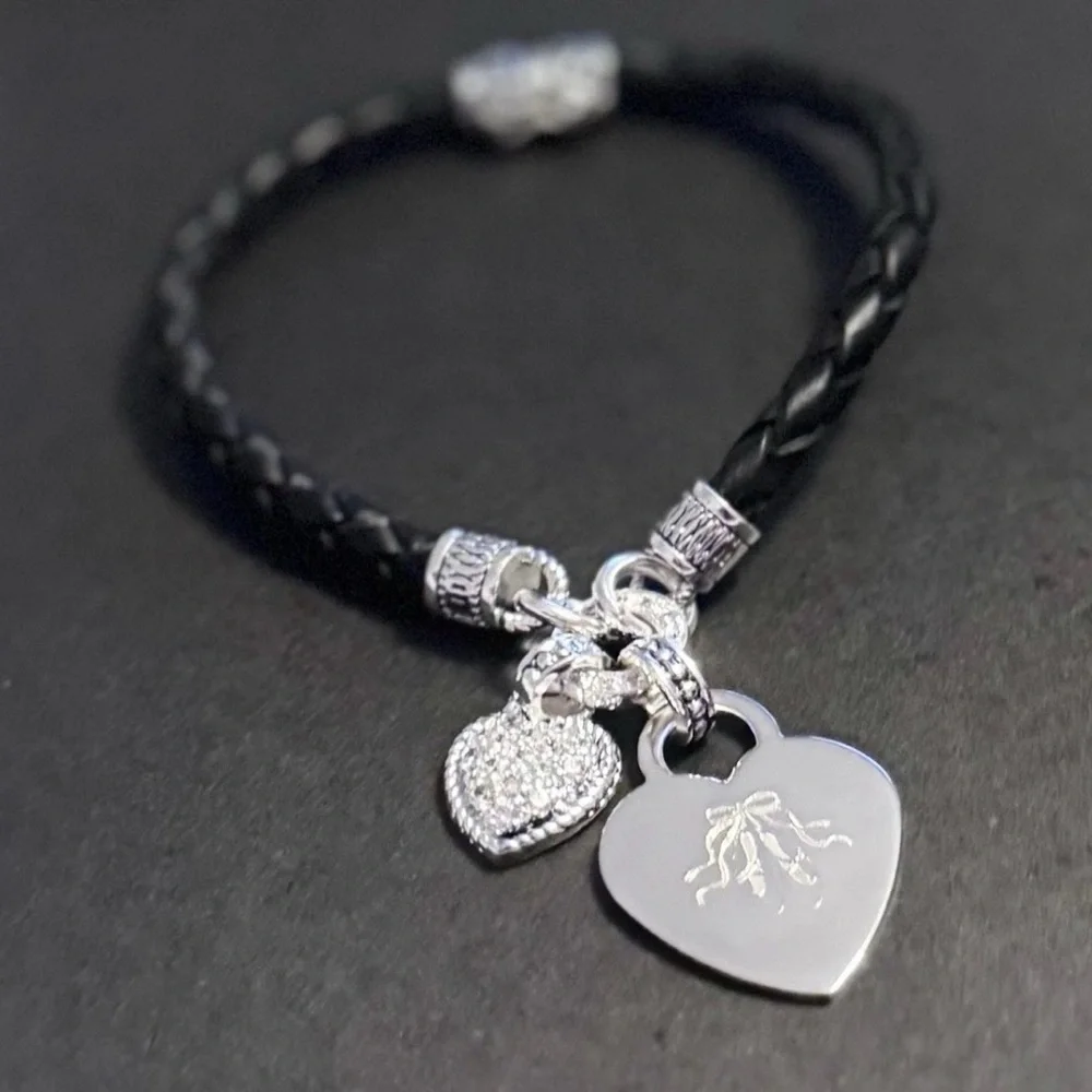 Black Braided Leather Charm Bracelet Silver Heart Ballet Shoe Dangle